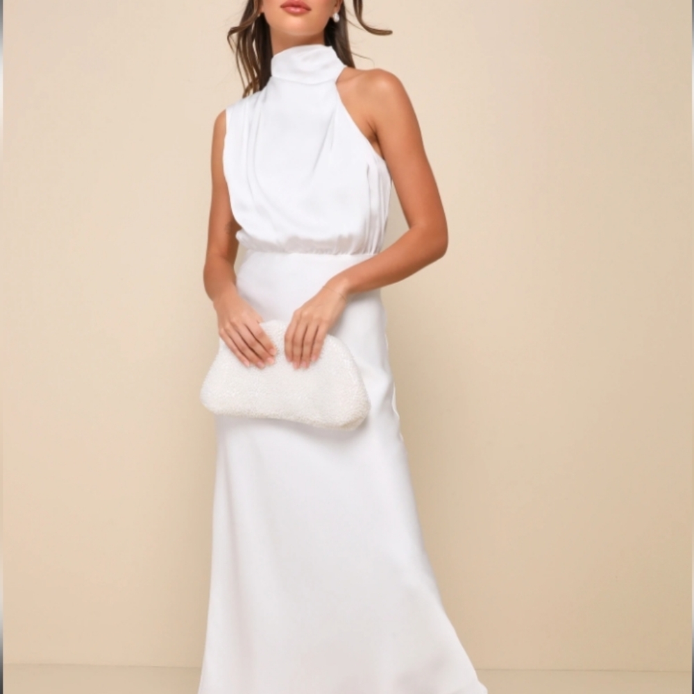 Lulu's Distinctive Charm White Satin Asymmetrical Midi Dress Party Bridal